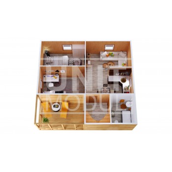 (МД-15) Модульный дом дачный из 3-х бытовок (блок-контейнеров) с верандой, спальнями и кухней