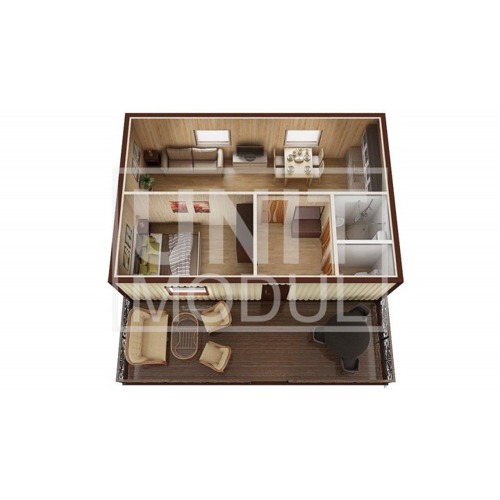 (МД-07) Модульный дом дачный из 3-х бытовок (блок-контейнеров) с верандой недорого